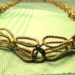 29" Gold Tone Twisted Rope Bow Link Necklace - 1960s Textured Statement Chain